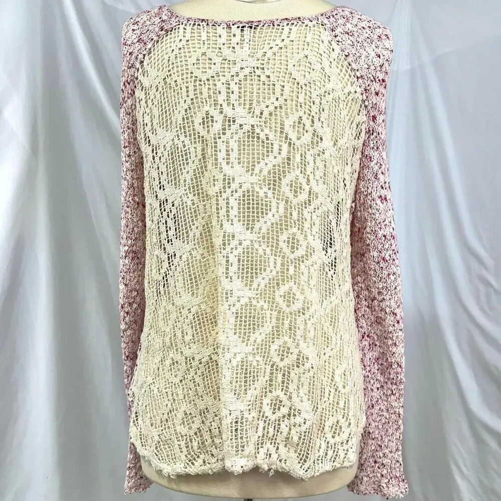 FREE PEOPLE Marled Pink White Textured Loose Knit  Swing Sweater Women XS Beachy